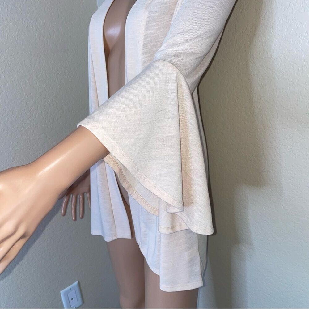 LC Lauren Conrad cream peach open front lightweight trumpet sleeve cardigan SZ M - Picture 6 of 9
